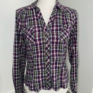Timing Plaid Button Down Shirt Stretch Long Sleeve Fitted‎ Women’s Medium